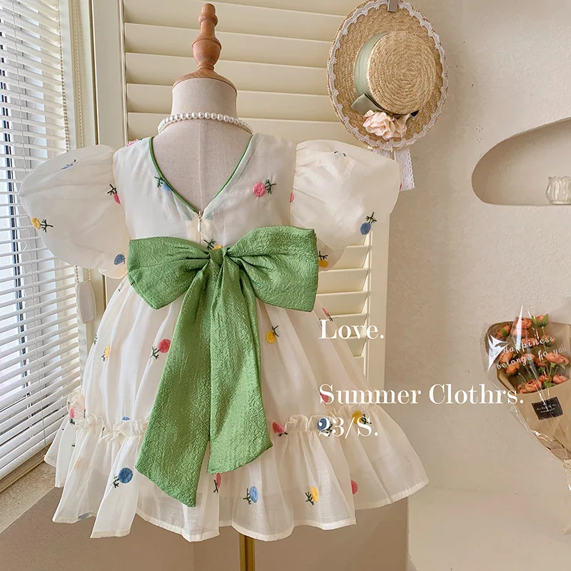 Summer Princess Dress Children's Wear Flower Embroidery Back Bow Short Sleeve Ladies Style Girl's Dress