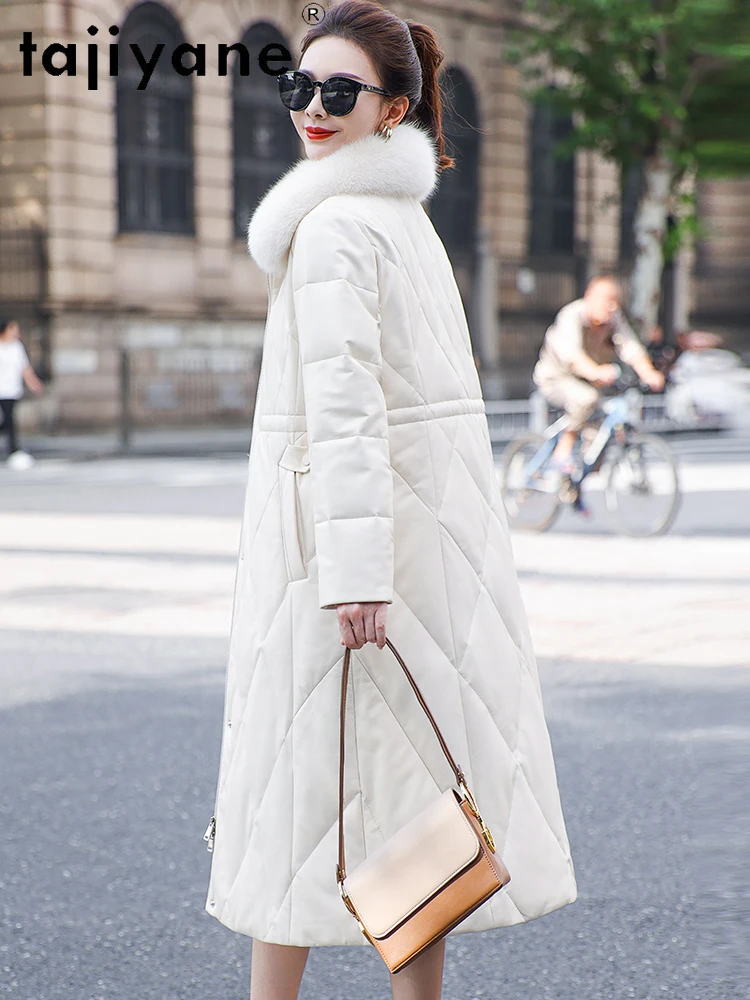 TAJIYANE 100% manteau en duvet d'oie en peau de mouton femmes col de fourrure de renard vestes longues en cuir véritable veste bouffante vêtements d'hiver 2025 