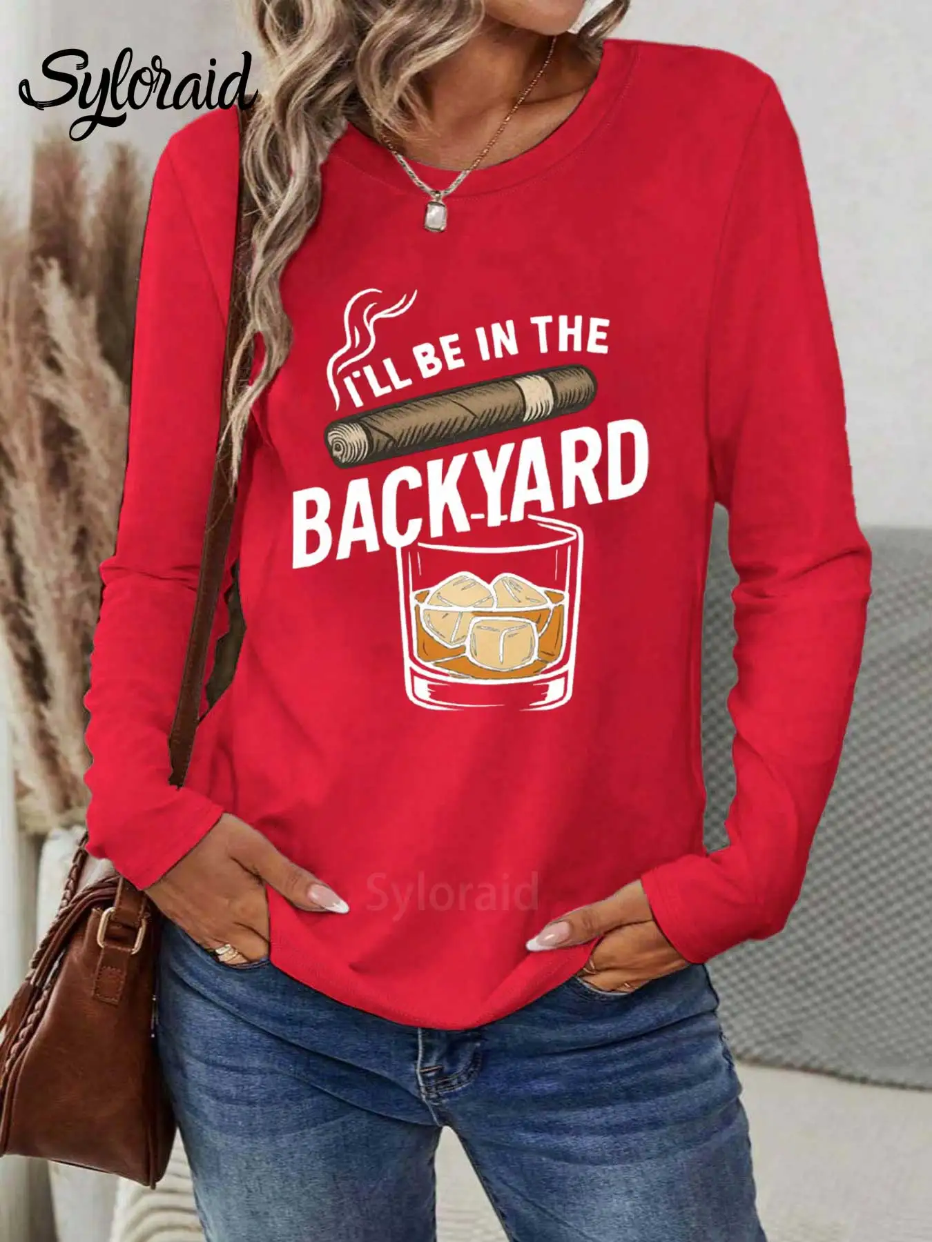 Dames T-shirt met lange mouwen Ik zal in de achtertuin zijn T-shirt Vaderdag Grappig papa-shirt Mode Ronde hals Casual top