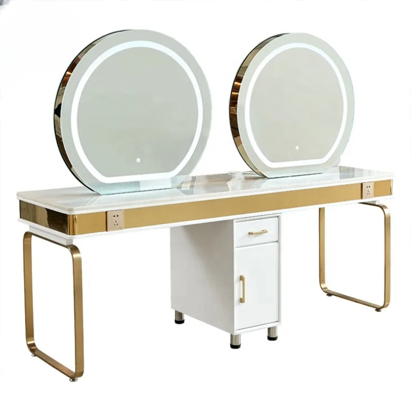 Beauty Salon Hair Dressing LED mirror makeup station 4 person Round Mirror table