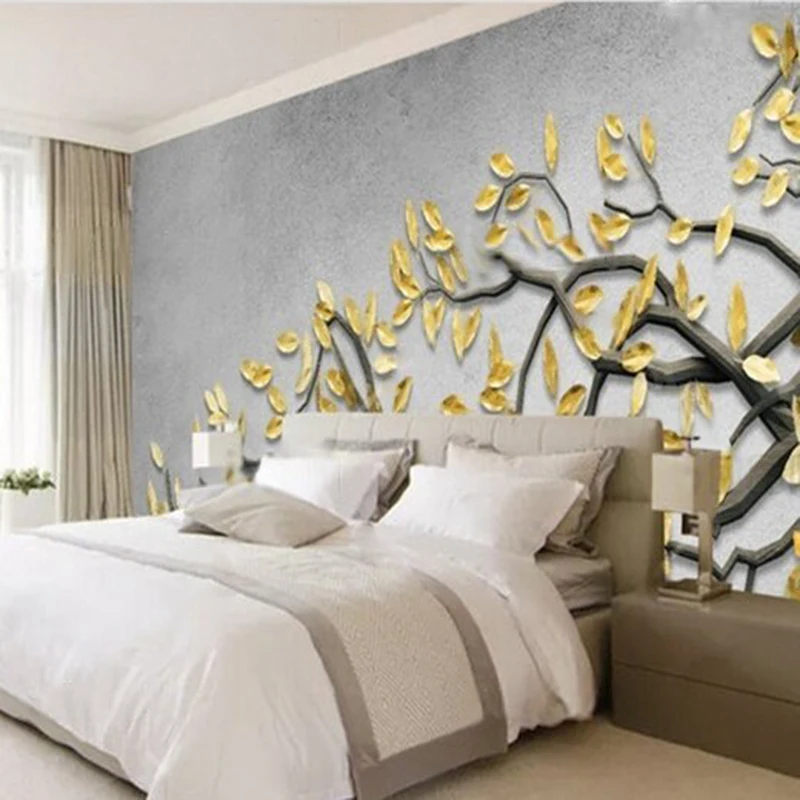 Beautiful fresh modern and simple 3D relief tree branch golden leaf TV home decoration background wall paper