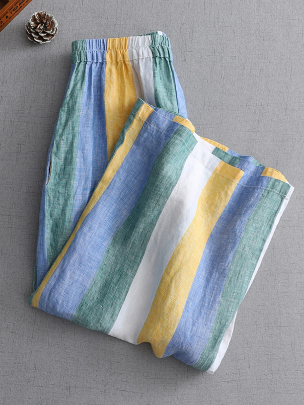 الصيف عارضة شريط الكتان السراويل واسعة الساق عالية الخصر تسع نقاط فضفاضة تناسب المرأة بنطلون Faionable