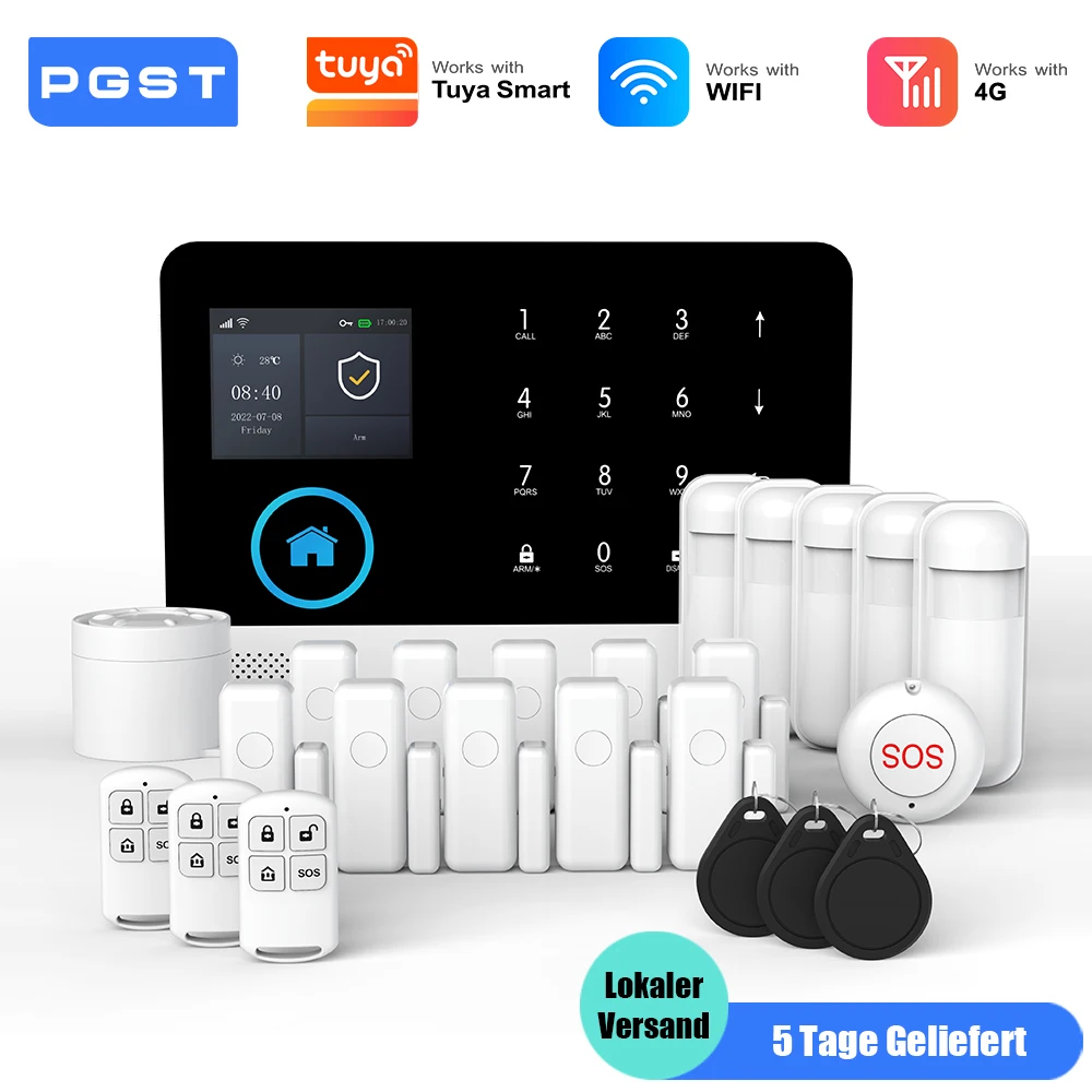 PGST Alarmanlage Einbruchschutz WiFi 4G Works with Tuya Smart Life kabelloses Sicherheits Set für Zuhause Gewerbe Tür Fenster Sensoren Fernüberwachung per Smartphone