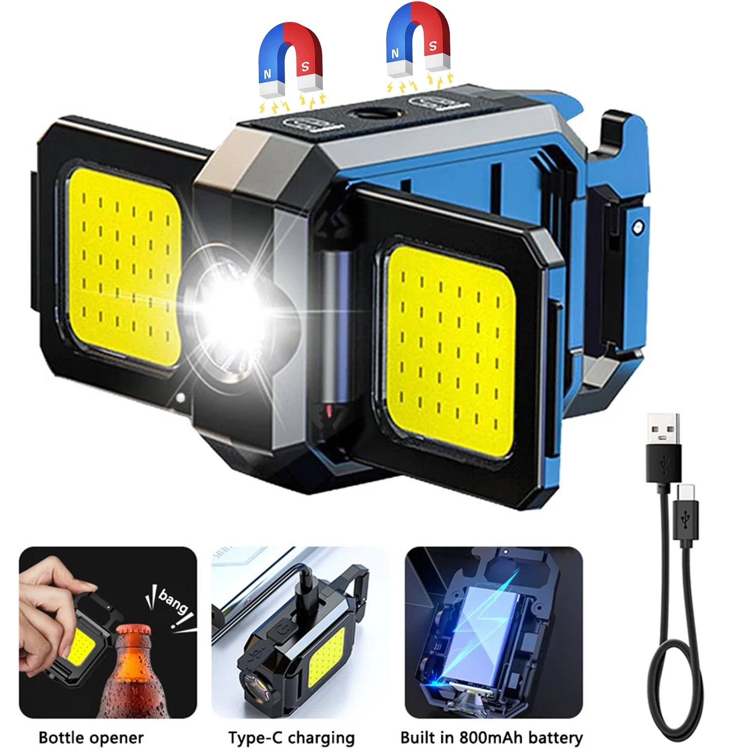 Heinast Mini-Taschenlampe, Schlüsselanhänger-Licht, COB-Arbeitsleuchte, wiederaufladbare USB-Lampe mit 90er °   Faltbare Seitenlichter, superhelle tragbare Laternen 4