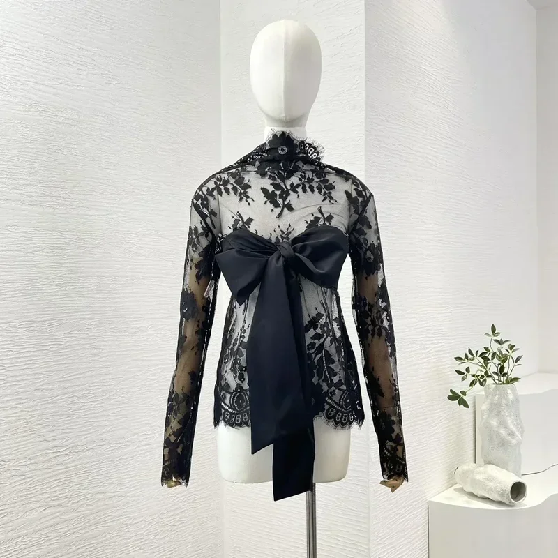 2024 New Vintage high quality black silk bow lace bodycon full sleeve backless see-through women blouse tops