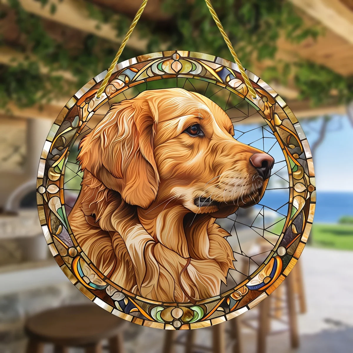 Golden Retriever Stained Glass Style Suncatcher- Acrylic Round Hanging Window Ornament for All Seasons,Indoor&Outdoor Decor,Home