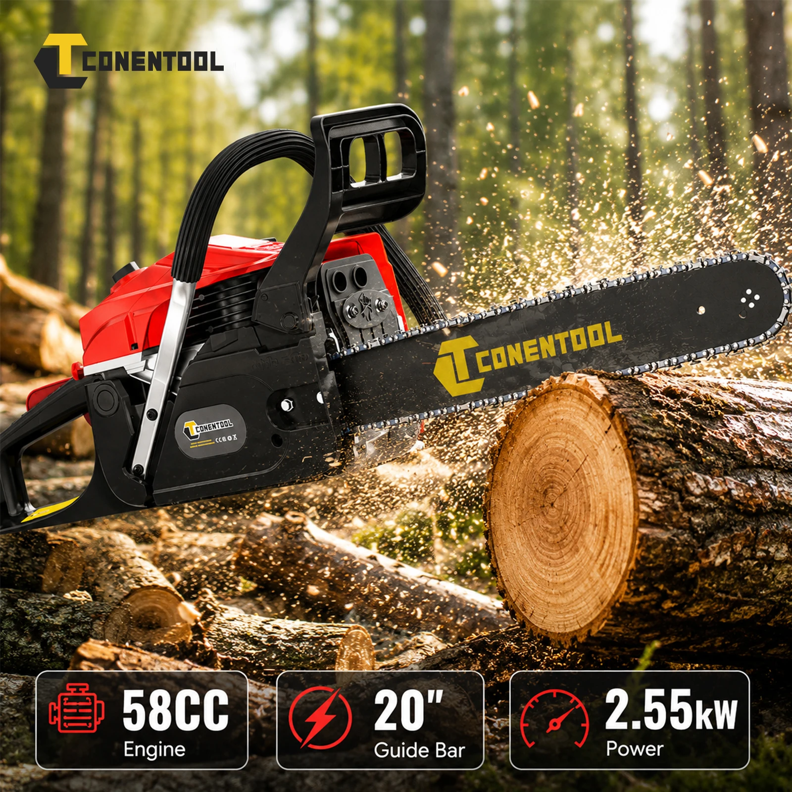 CONENTOOL Tronçonneuse professionnelle à essence 58CC, lame de 20 pouces, 2,55 kW, haute puissance, pour l'abattage d'arbres, la coupe de bois de chauffage, l'agriculture, la foresterie, le jardinage