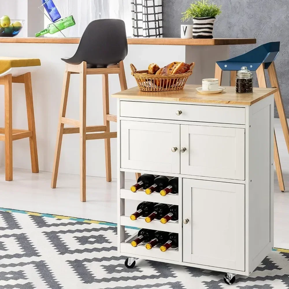 Kitchen Island Cart Storage Cart 9 Wine Bottle Rack Cart for Tea & Coffee Wood Lockers