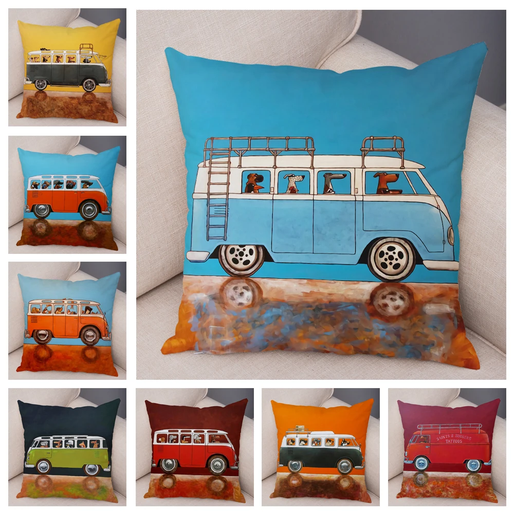 Funda de cojín con dibujos animados para perro y autobús, para sofá de felpa suave funda de almohada, hogar y coche