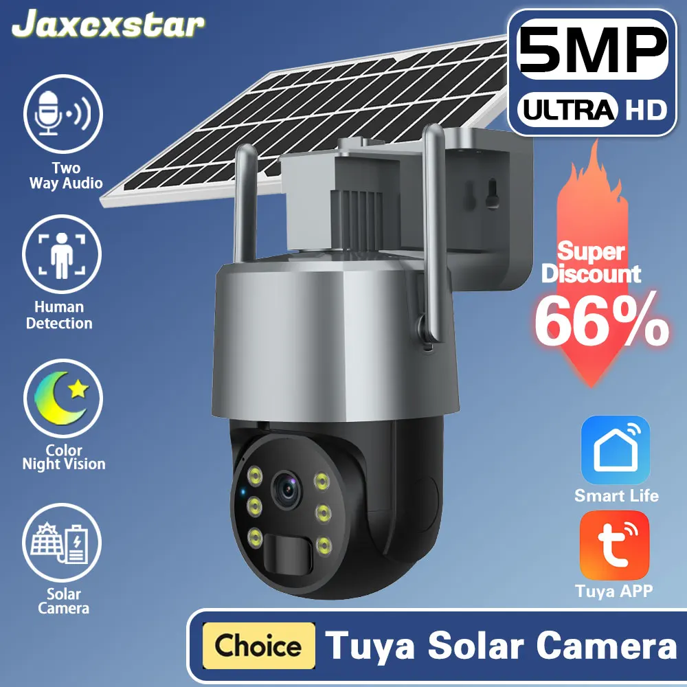 5MP HD Wireless Outdoor Wifi Solar PTZ Camera CCTV Solar Panel Recharge Li-Batteries Surveillance Camera Works With Tuya APP