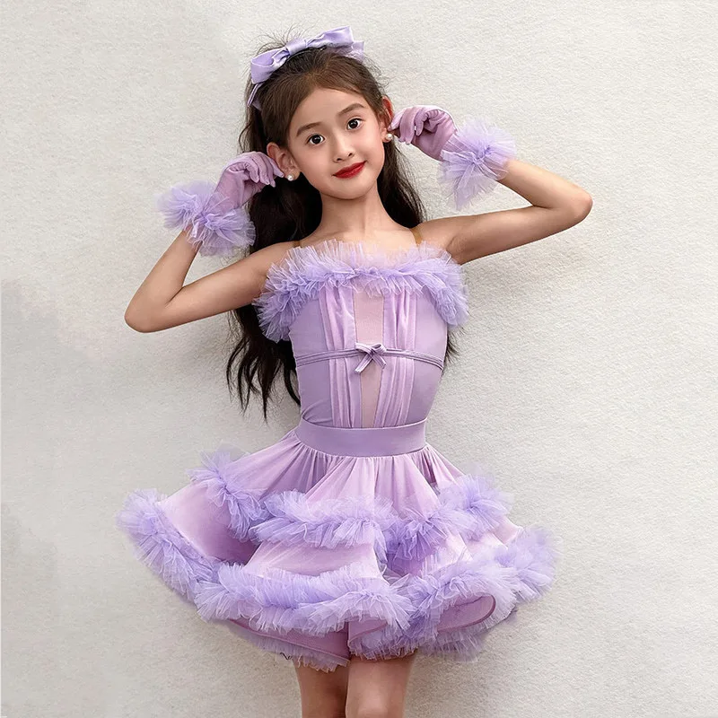 

Новая детская одежда для выступлений в латиноамериканских танцах, фиолетовый пушистый костюм, платье для соревнований по ча-ча-ча, платья для латиноамериканских танцев для девочек, DNV26672