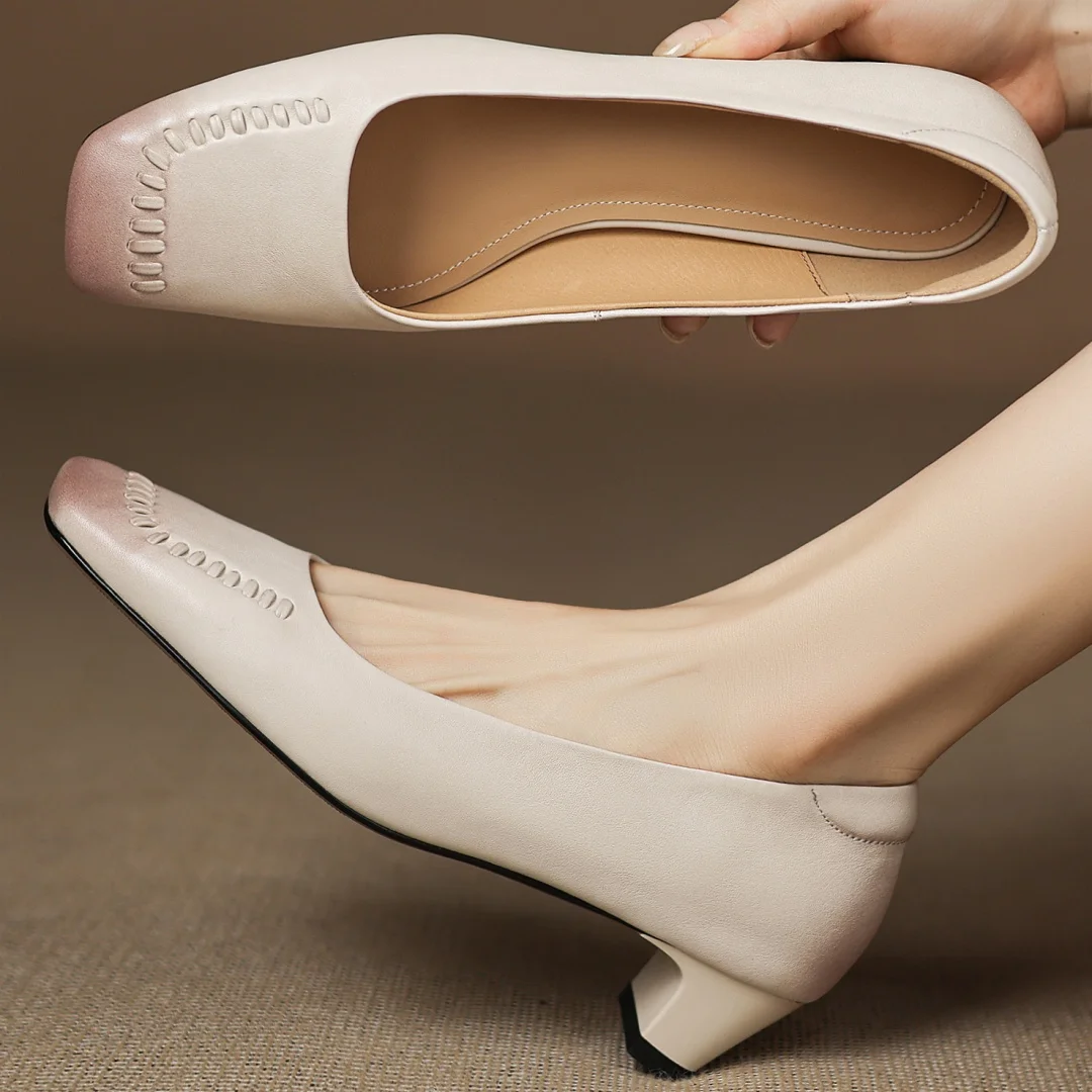 

danxuefei women's cow leather square toe slip-on pumps 4cm thin med heel elegant ladies high quality soft comfortable dress shoe