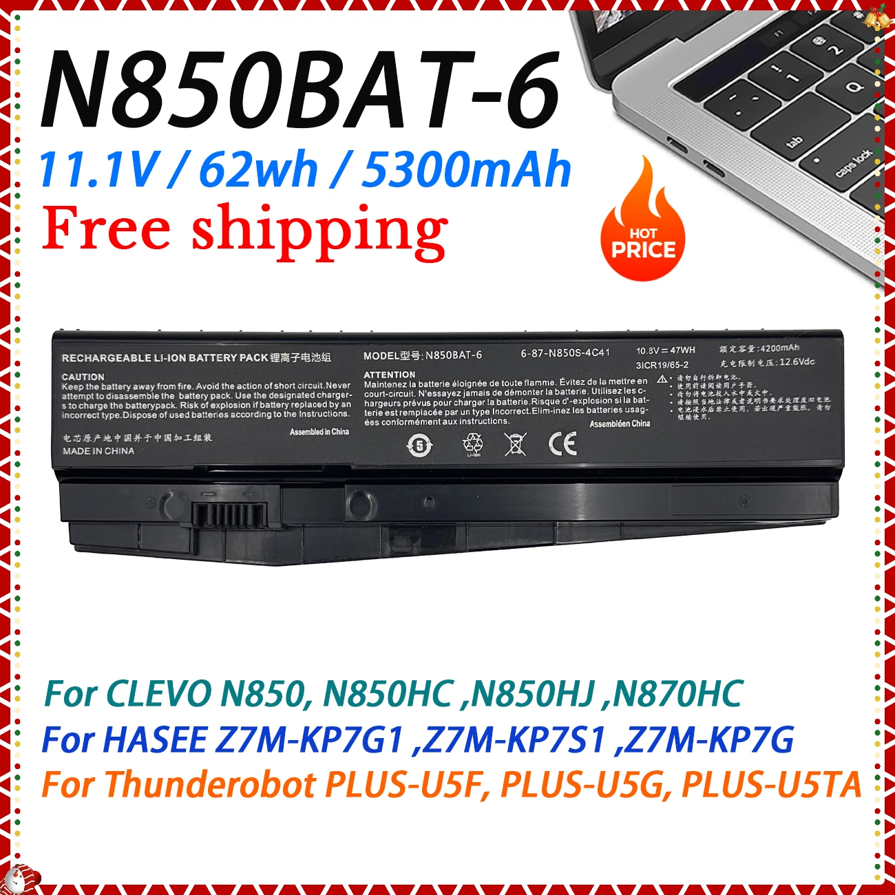 

N850BAT-6 Laptop Battery for Clevo N850 N850HC Z7M-KP7G1 Z6-KP5GT T58-T1 T6TI N870HJ T58-T1 T58-T2s T58-D1 ST-PLUS-TA 911SE