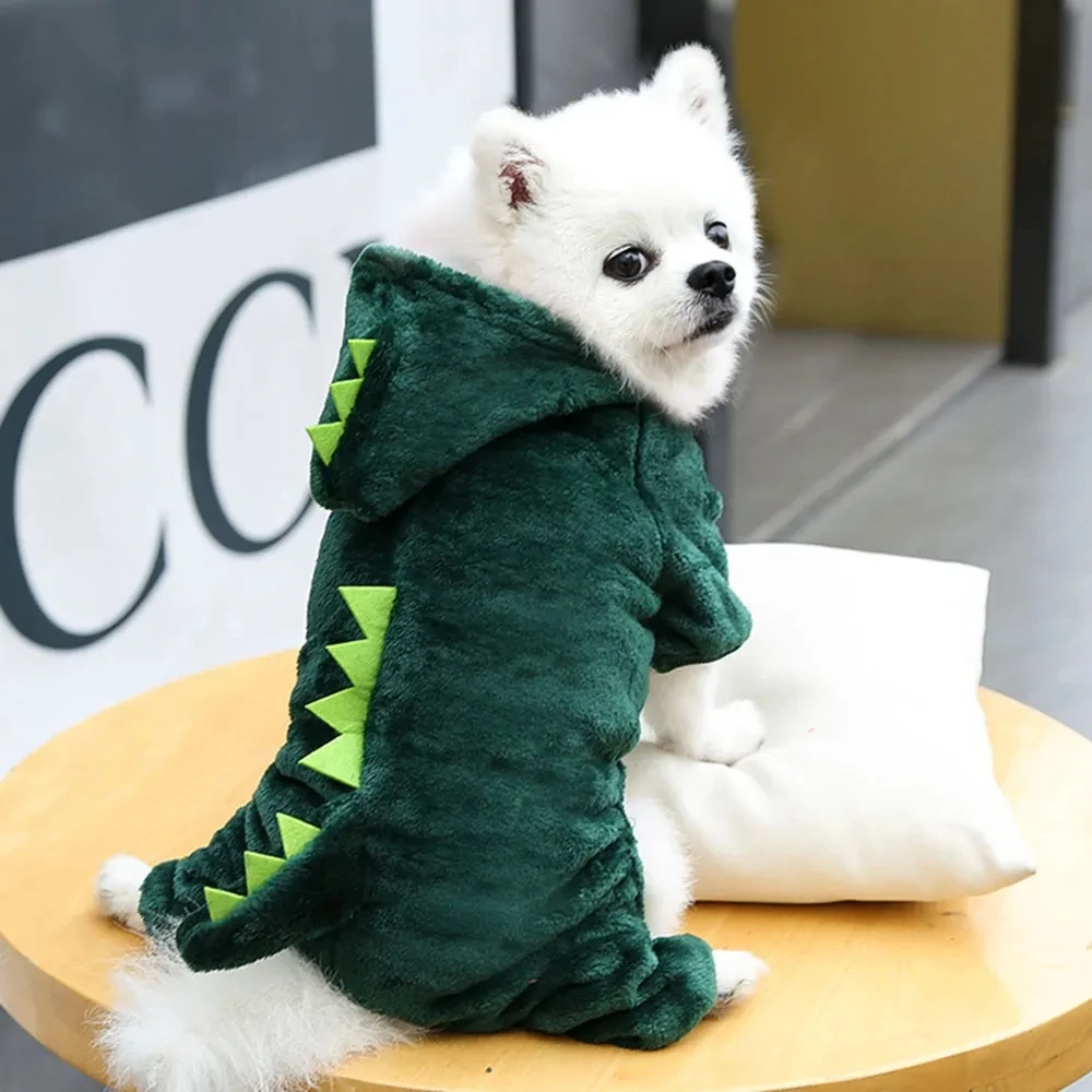 Dinosaur Pet Costume Cute Dino Hoodie Puppy Fleece Clothes Dog Cat Transformation Suit Supplies Autumn And Winter Warm Flange