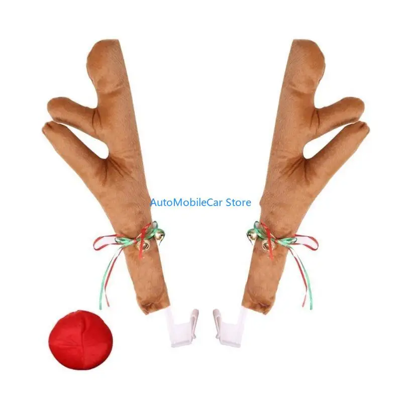 G8TE Reindeer Car Set Reindeer Car Antlers &  Nose Set Holiday Automobile Decorations Set Party Accessory