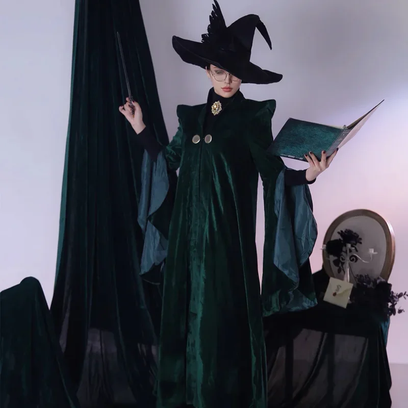 Dorpshipping Professor Minerva COS McGonagall Cosplay Costume Green Robe Cloak Dress Coat Outfits Halloween Costumes