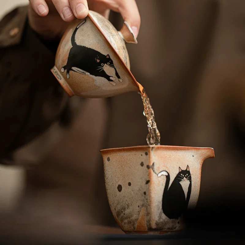 130 مللي خمر لطيف Zhi Ye القط الخزف Gaiwan مجموعة للشاي تورين Teaware كوب الصينية رسمت باليد الأطباق تشاوان حفل الشاي مجموعة