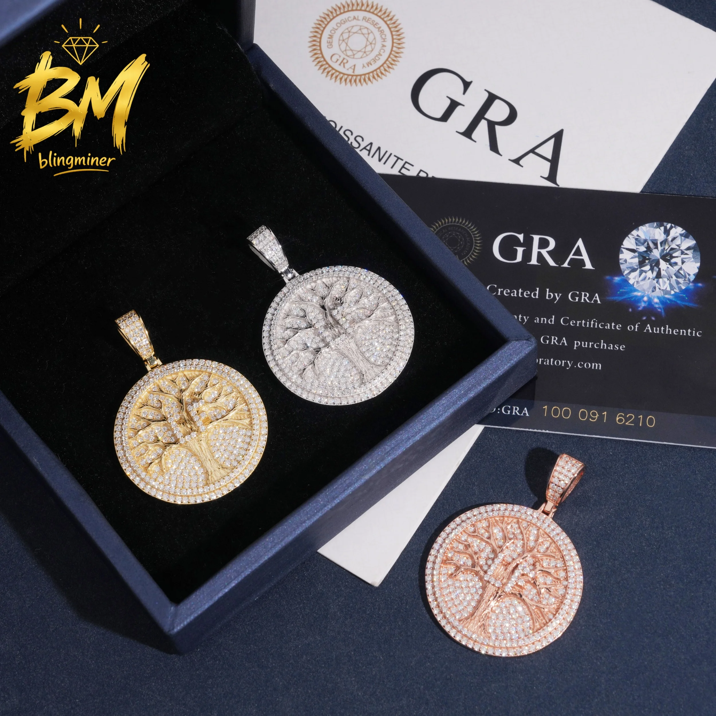 Blingminer Hip Hop Round Plate S925 Silver VVS Moissanite Pendant For Men Women Hip Hop Pendants Jewelry Pass Diamonds Tester GR