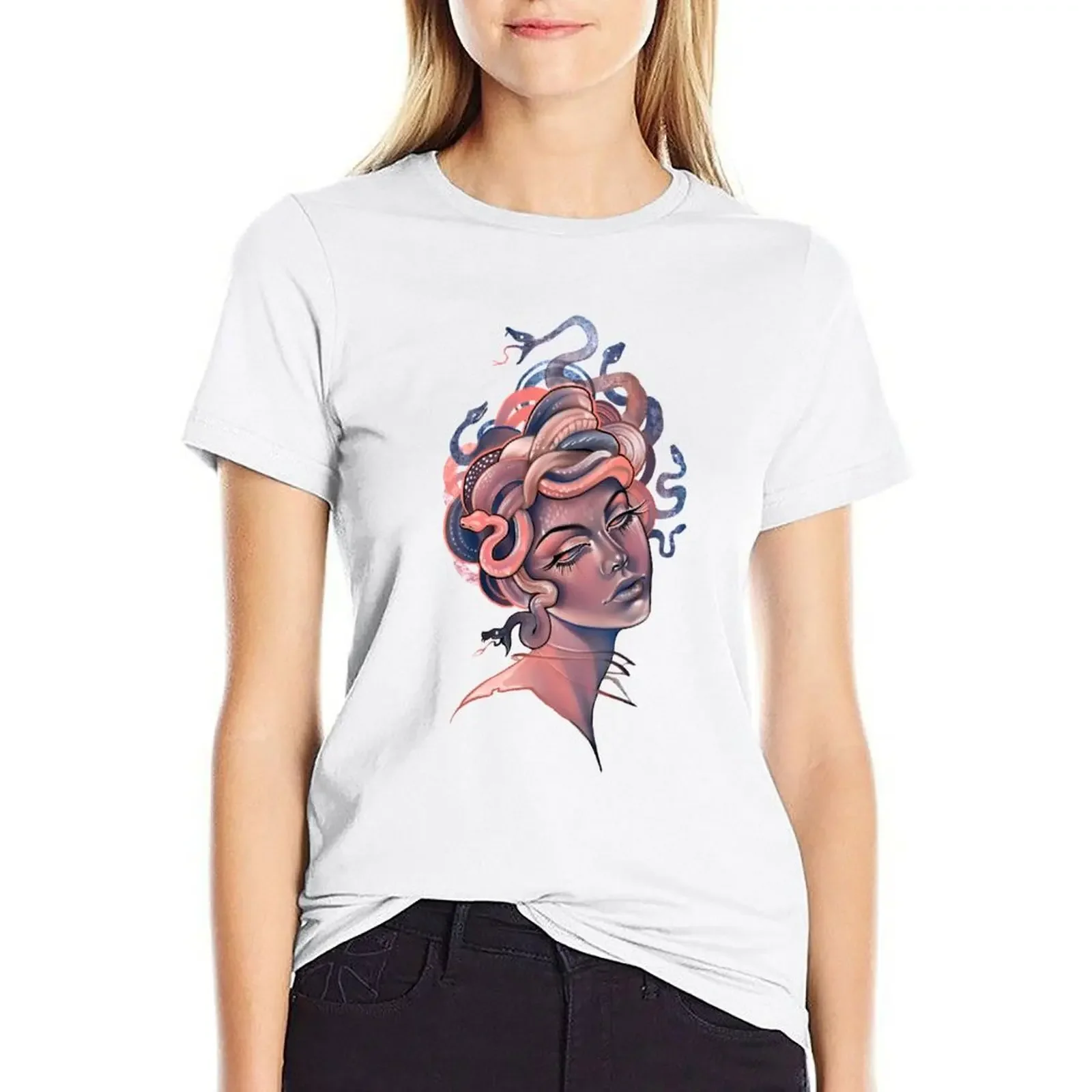 

Coral and blue Medusa portrait T-shirt lady clothes summer clothes cat shirts for Women