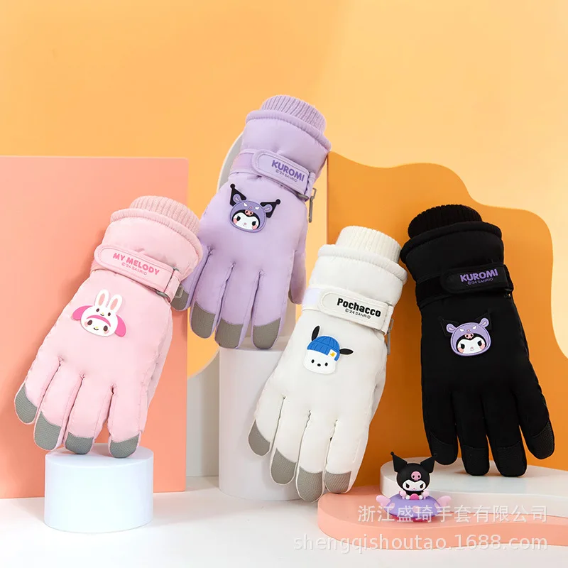 Sanrios Ski Gloves Winter Girl Outdoor Sports Kuromi Thicken Protection From Cold Keep Warm Touch Screen Cycling Windproof