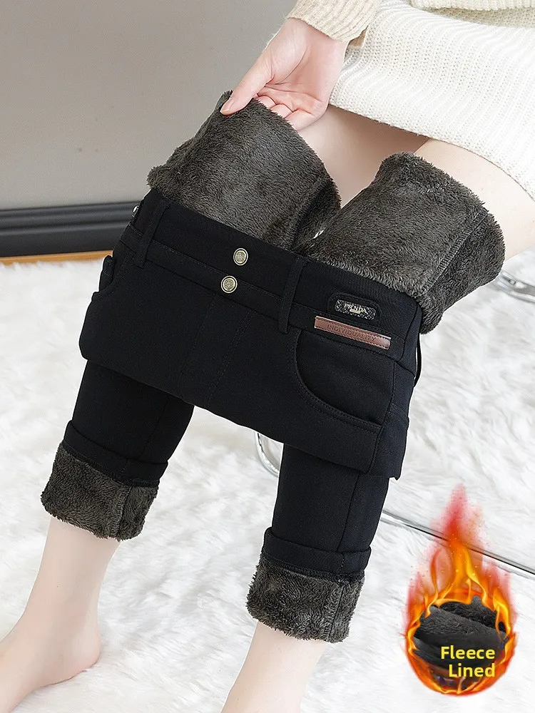 

Женские джинсы с высокой талией и утеплением из флиса, повседневный стиль, хлопковые эластичные джинсовые брюки, осень-зима, новинка