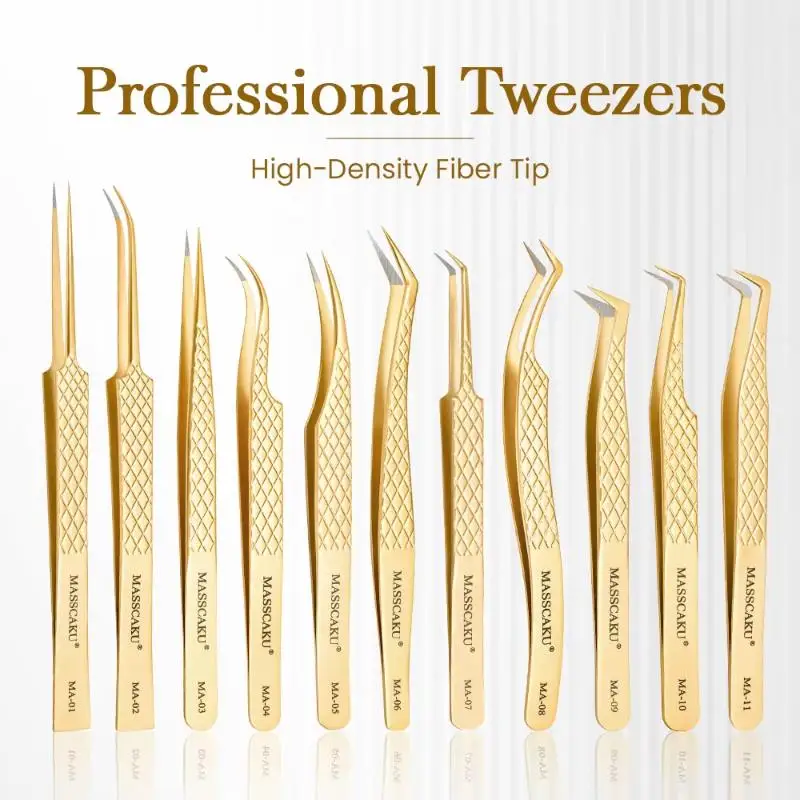 1Pcs Eyelash Extension Tweezers Fiber Tip Gold Stainless Steel Lash Pickup Tool