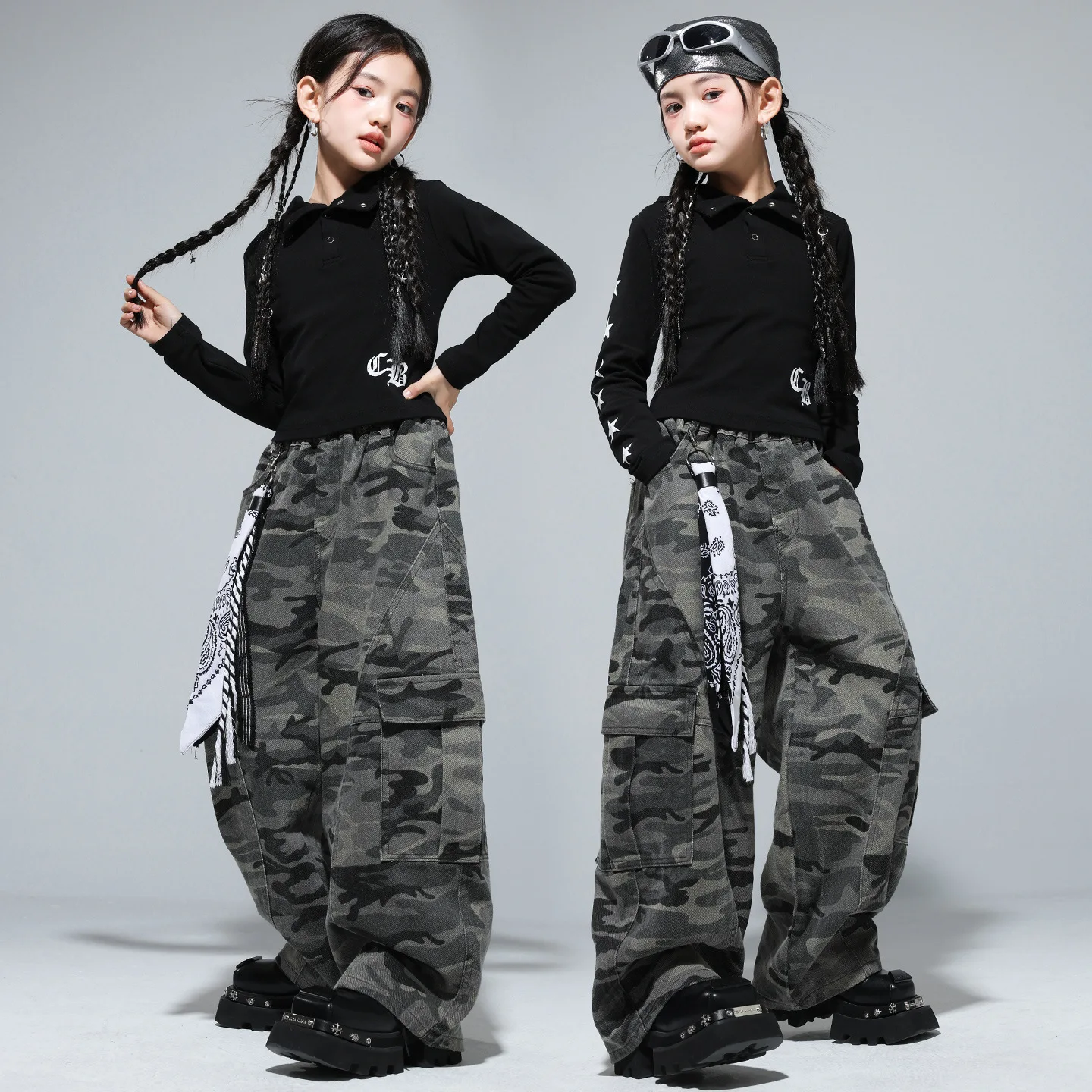 Dziecięca odzież Kpop Hip Hop Czarna bluza z kapturem Krótka koszulka T-shirt Kamuflażowy styl casualowy Uliczny styl Spodnie cargo z zakrzywionymi nogawkami dla dziewczynki Stroje do tańca Ubrania