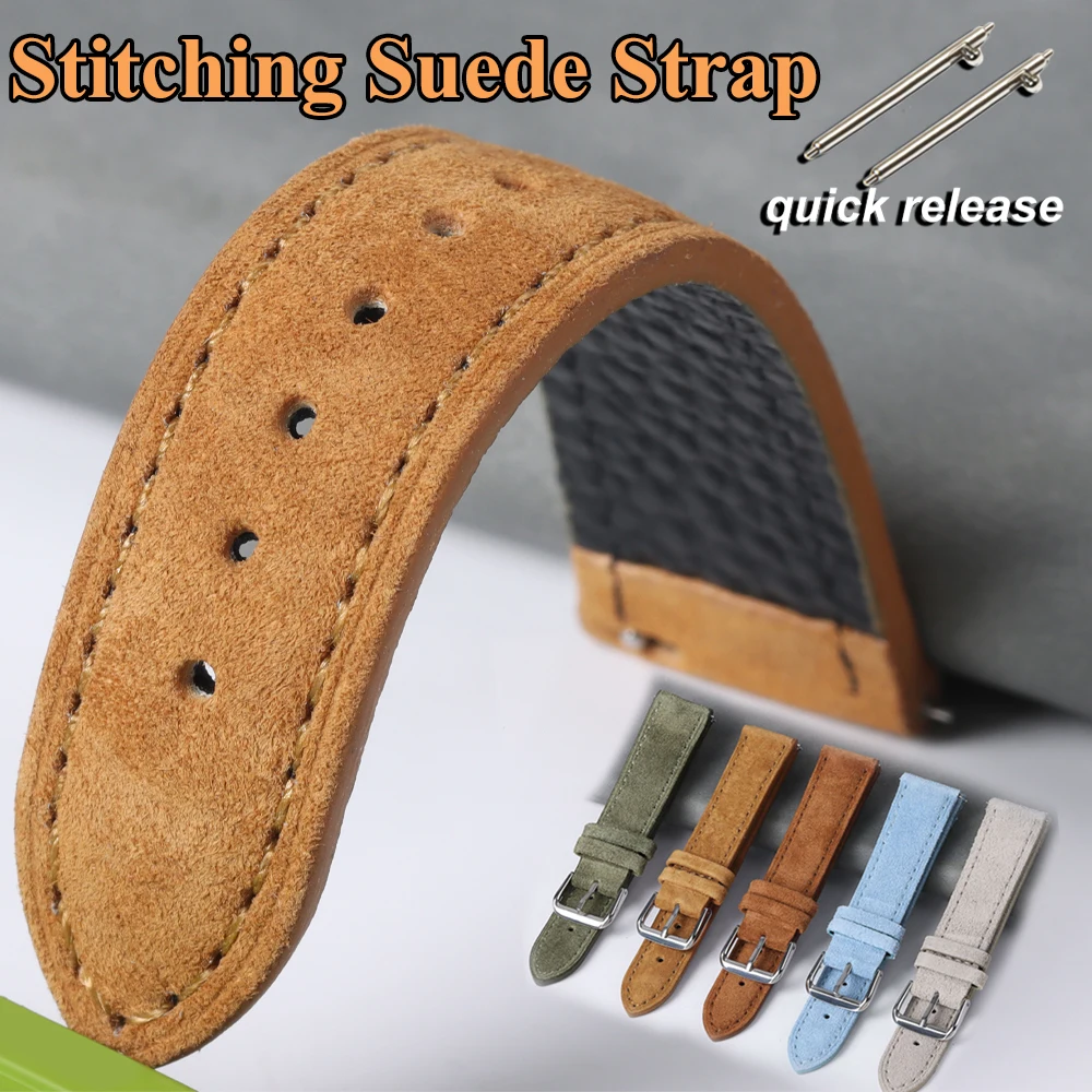 Suede Cowhide Watchband 18mm 19mm 20mm 22mm for Seiko for Huawei Watch Gt2/3/4 Vintage Handmade Stitching Vintage Suede Bracelet