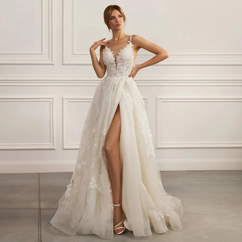 

High Slit Vestidos De Novia Customized Sexy Spaghetti Straps V Neck Sequined Lace Wedding Dresses Appliques Vestido De Noiva