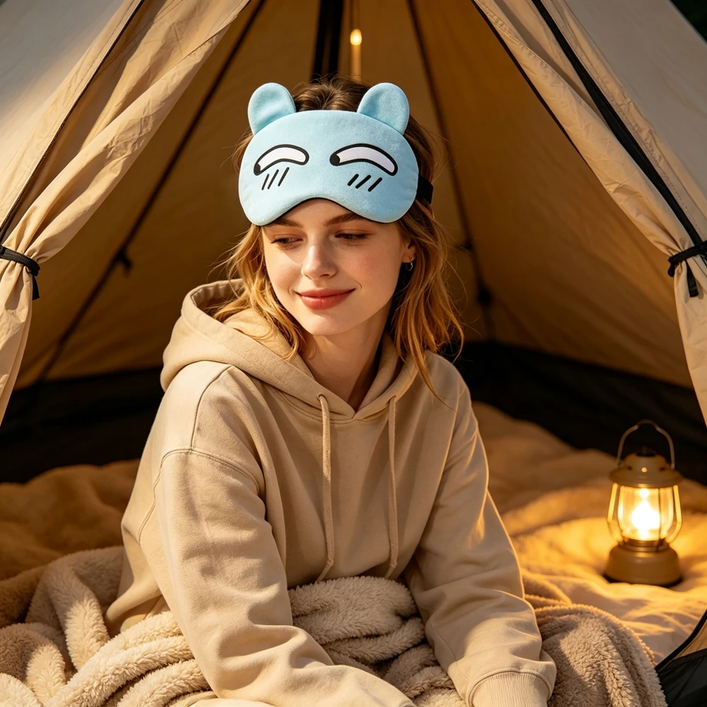 Light Blue Smiling Cat Ear Eye Mask Cute Cartoon Sleep Eye Cover Funny Printed Light Blocking Shade for Deep Sleeping