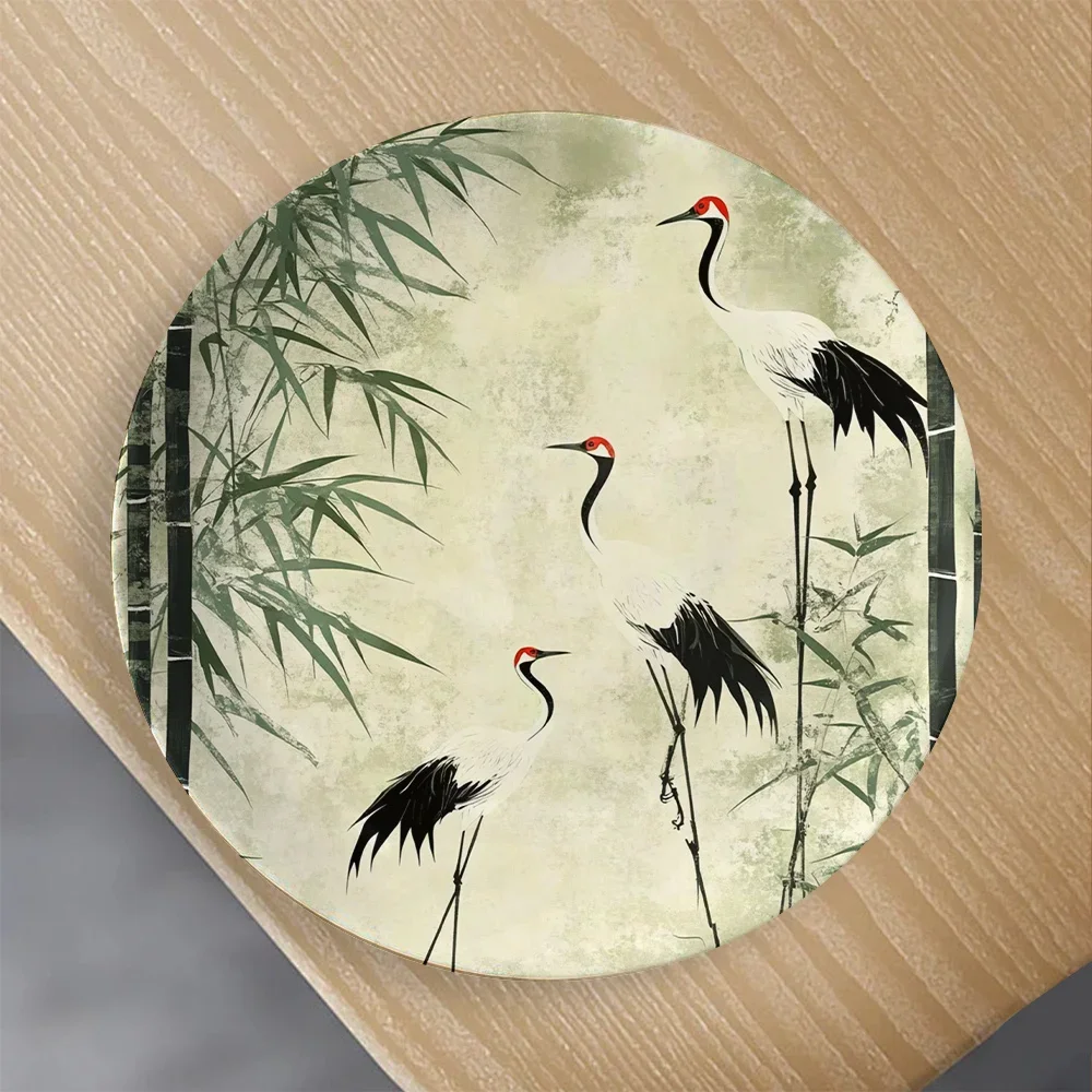 1pc Red-Crowned Cranes & Bamboo Decorative Plate - Round Wall/Table-Mountable Art Plate, Elegant Asian-Themed for, Wedding, or