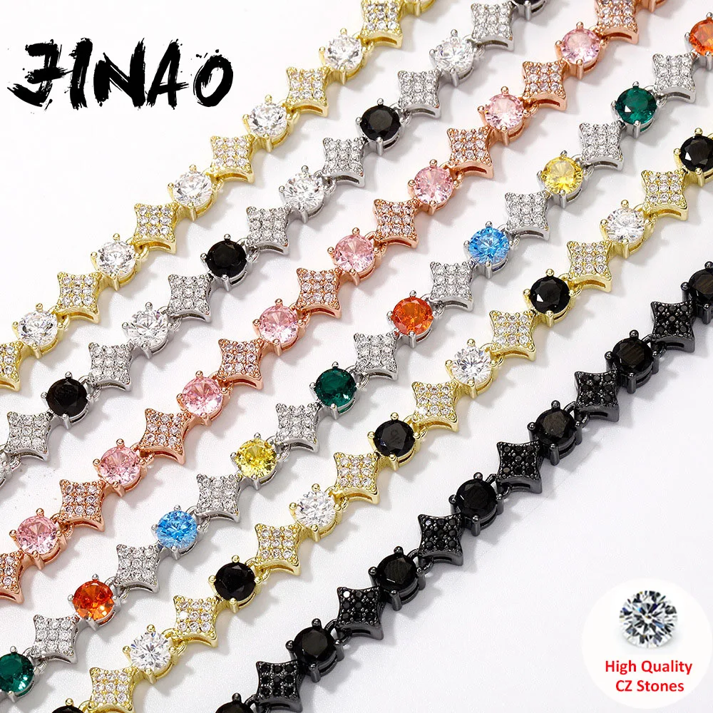 JINAO 4MM Black CZ Stone Hip Hop Rainbow Star Tennis Bracelet Lucky Clover Spring Clasp Luxury Jewelry Y2k Man Rapper Gift