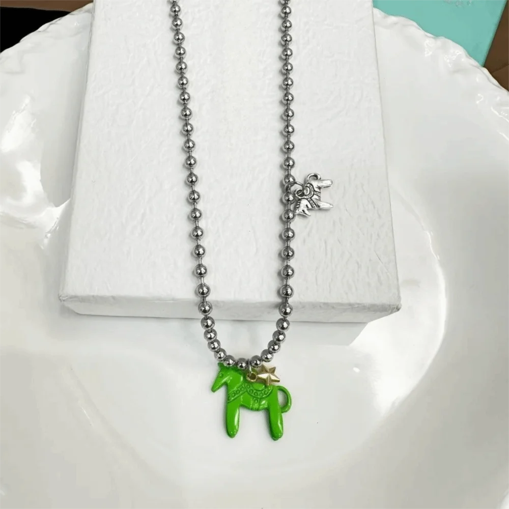 Silver Enamel Colt Horse Pendant Necklaces Alloy Funny Beads Chain Chokers Year of The Horse Classic Zodiac Animal Necklaces