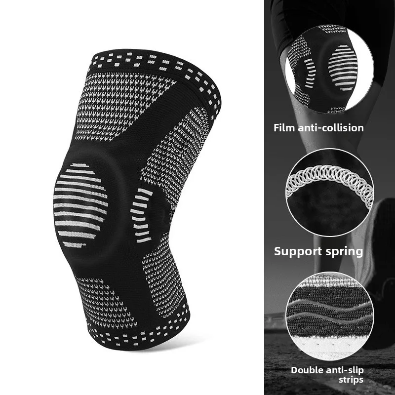 2 PCS Sports Basketball Knee Pads with Spring Support, Silicone Shock-Absorbing, Knitted Knee Brace with Compression Strap