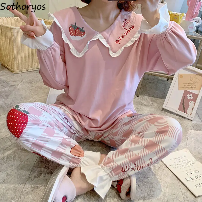 Pajama Sets Women Trim Printed Ruffled Bow Full-length Princess Cute Sleepwear Lady Korean-style Soft Skin-friendly Nightwear