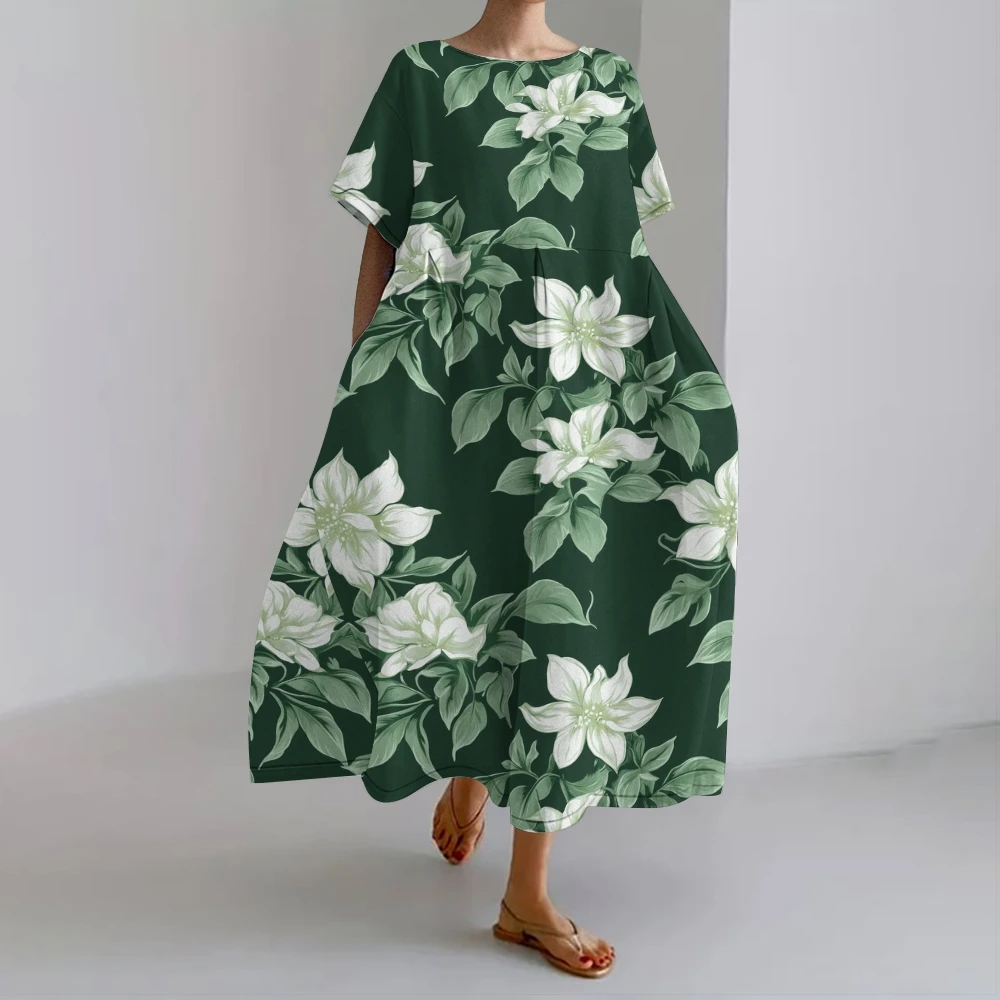 Tropical Green Floral Dress Botanical Print Green Skirt Casual Exotic Green Botanical Dress Refreshing Beach Vacation Wears