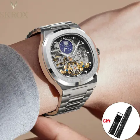 2026 High-end Luxury SKROX Square Man Watch Sapphire Stainless Steel Skeleton Moon Phase Classic Automatic Movement Male Watches