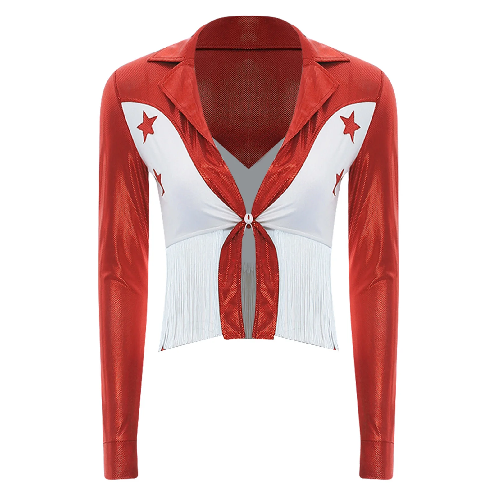 เสื้อครอปผูกด้านหน้าสไตล์วินเทจสำหรับผู้หญิง เสื้อเชิ้ตแต่งชายครุยสไตล์คาวเกิร์ลตะวันตก เหมาะสำหรับงานปาร์ตี้ดิสโก้ คลับ ฮิปปี้ เต้นรำ และการแสดง