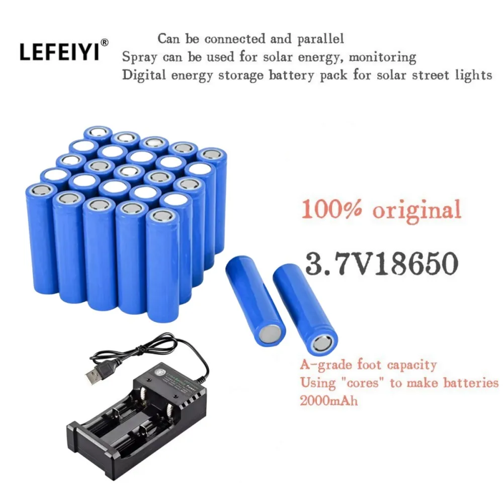 Batería de iones de litio 100% Original, 18650, 3,7 V, 2000mAh, para linterna, altavoz inalámbrico, paquete de batería de luz Solar + cargador