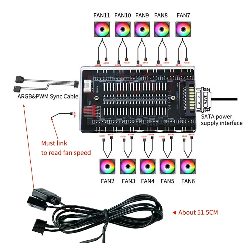 TEUCER Multi Way Splitter Adaptador, Fan Caso PC, SATA Hub, 4Pin PWM, 5V, 3Pin, 11, 16