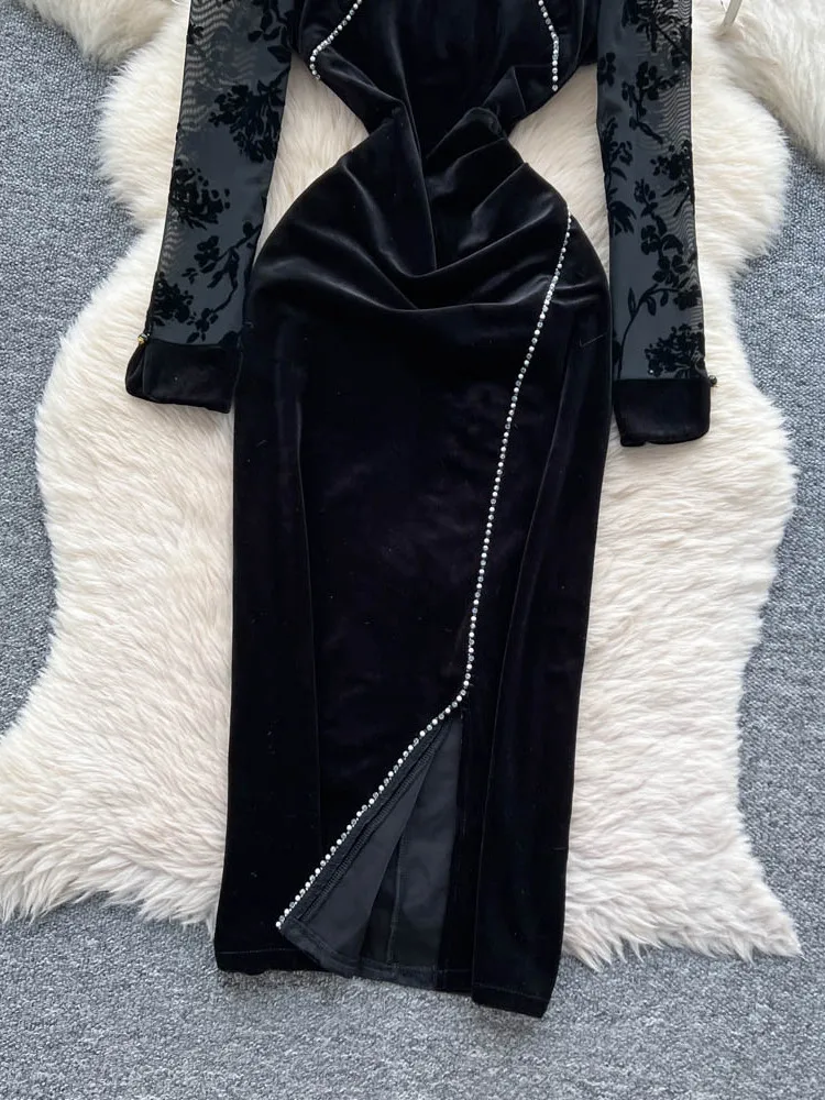 Faionable Chinese Sle Damen Dr Velvet Long Sve Stehkragen Patchwork Abendkleid Ci Pendeln Hohe Taille A-Linie...