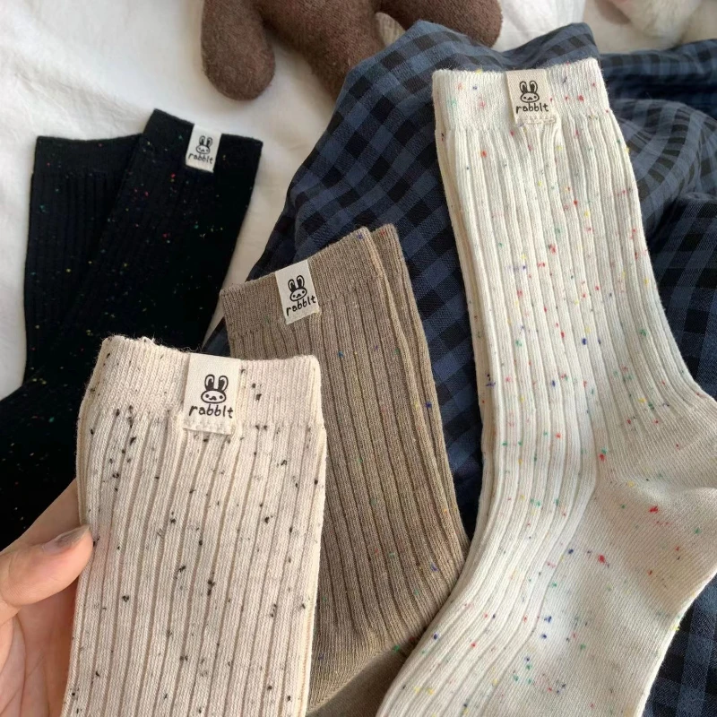 4 쌍 여성 만화 인쇄 미드 튜브 양말 세련된 컬러 도트 원사 땀 흡수 통기성 부드럽고 편안한 캐주얼 양말