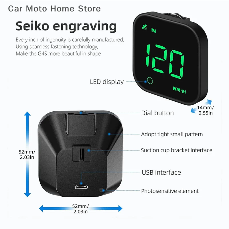 Velocímetro con pantalla frontal para coche, Mini velocímetro alimentado por USB de 2,5 pulgadas con brújula GPS, alarma de exceso de velocidad G4S, LED, recordatorio de fatiga y conducción HUD