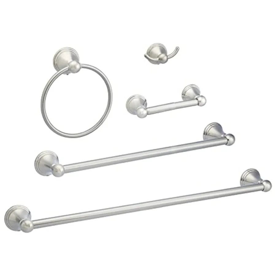 

5 Piece Bathroom Hardware Set Satin Nickel Towel Bar Toilet Paper Holder Towel Ring Robe Hook AB-BR817-SN
