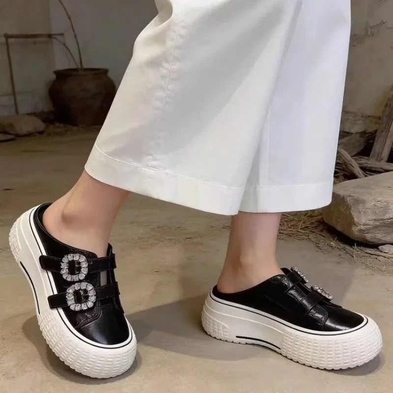 

2026 Spring and Summer New Lazy Slip Rhinestone Button Heightened Casual Shoes Baotou Half Slippers