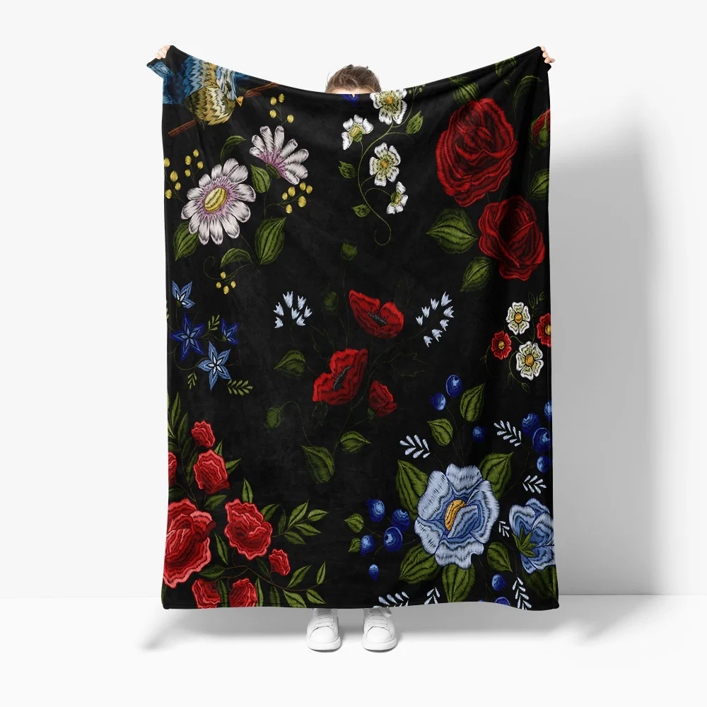 

Embroidered Floral Bed Blanket with Flowers Design Patchwork Decorative Throw Blanket for Sofa Couch Living Room Bedroom
