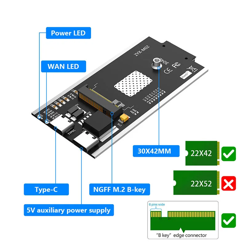 Adaptador WiFi com Tipo C para Cabo USB, NGFF M.2, 3G, Módulo 4G, USB 2.0, Slot para Cartão Sim, 5V Suporte de Energia Auxiliar, 30*42, M2 B Cartão Chave