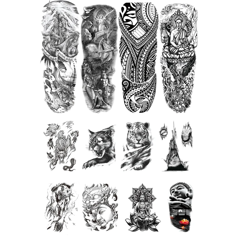 Waterproof Full Arm And Half Arm Tattoo Stickers For Men Women,Fashion Handsome Black White Lion Tiger,Europe America Stickers