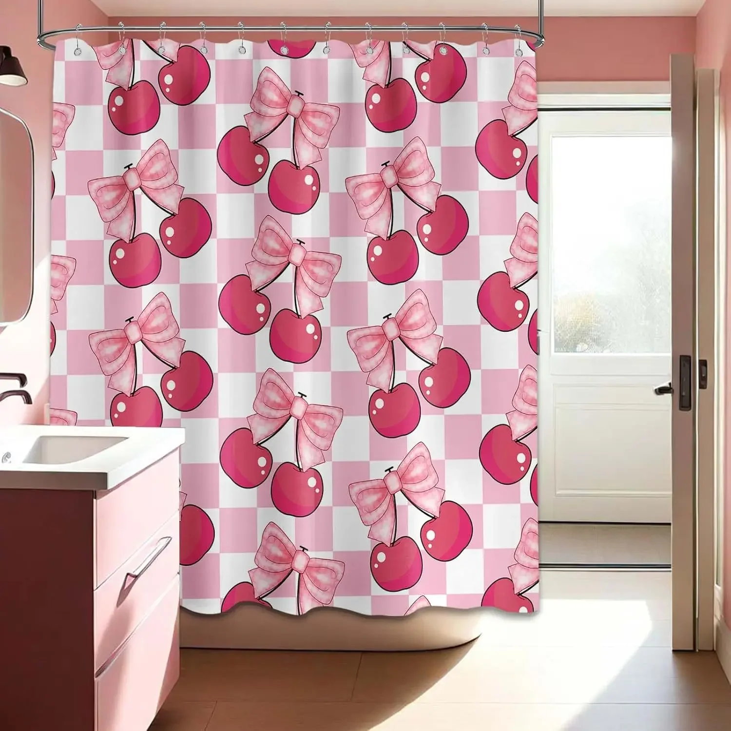 Pink Bowknot Cherry Shower Curtain Preppy Checkered Groovy Y2k Girls Bathroom Decor, Waterproof Fabric 72 x 72 inchwith Hooks