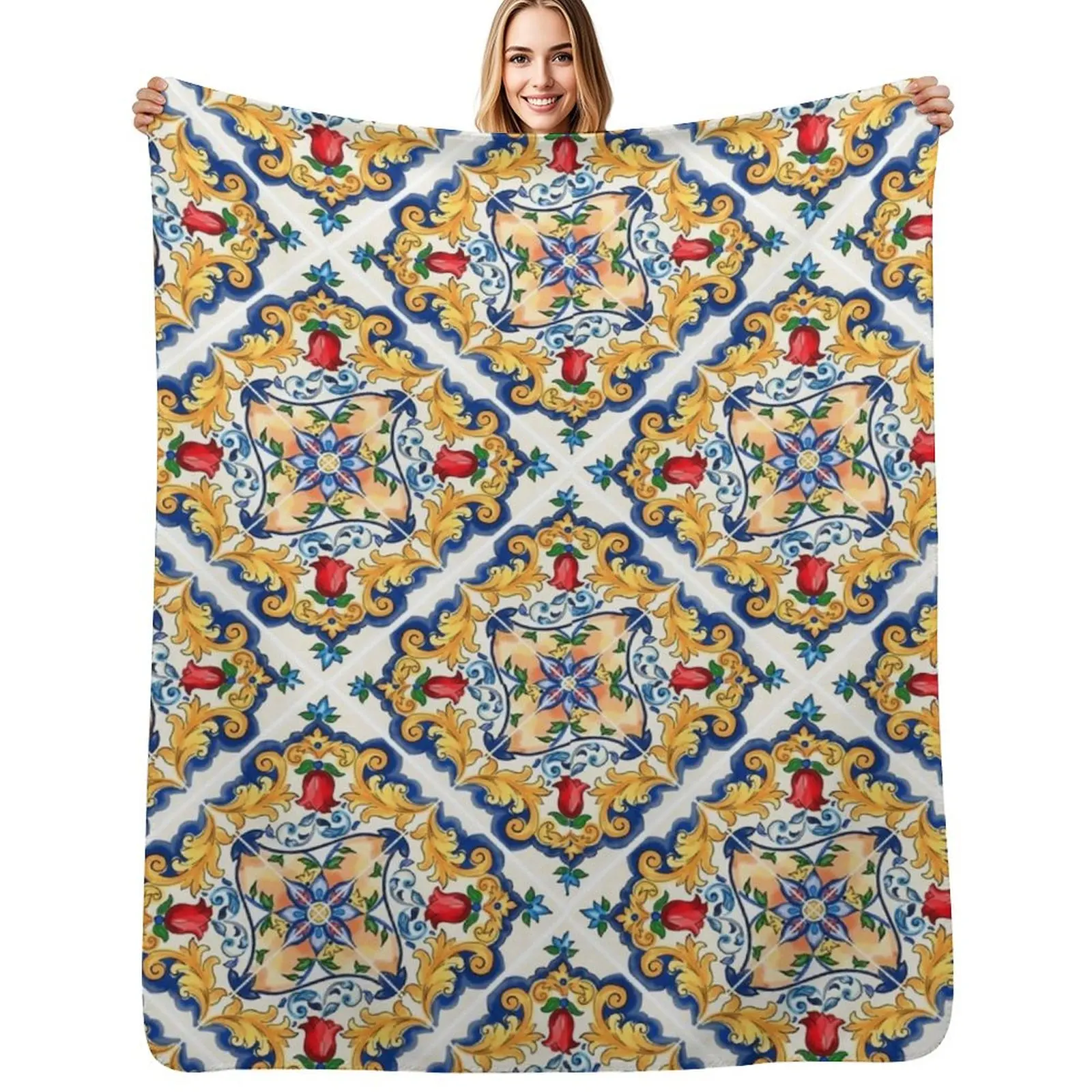 

Sicilian Majolica Colourful Floral Flourishes Tile Pattern Throw Blanket Summer Flannel Quilt Bed Fashionable Blanket
